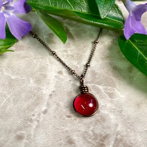 Ruby Red Glass Dainty Necklace Simple Minimalist Boho Jewelry, Retro Vintage Style Rustic Brass Chain Handmade Glass Summer Jewelry