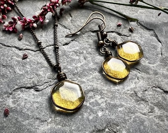 Waben Handgefertigte Glas Halskette Set: Antiqued Messing Boho Schmuck