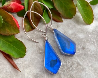 Sky Blue Long Silver Edgy Earrings Handmade Glass Boho Jewelry, Artsy Earrings Unique Jewelry for Women, Funky Earrings Gift for Sister