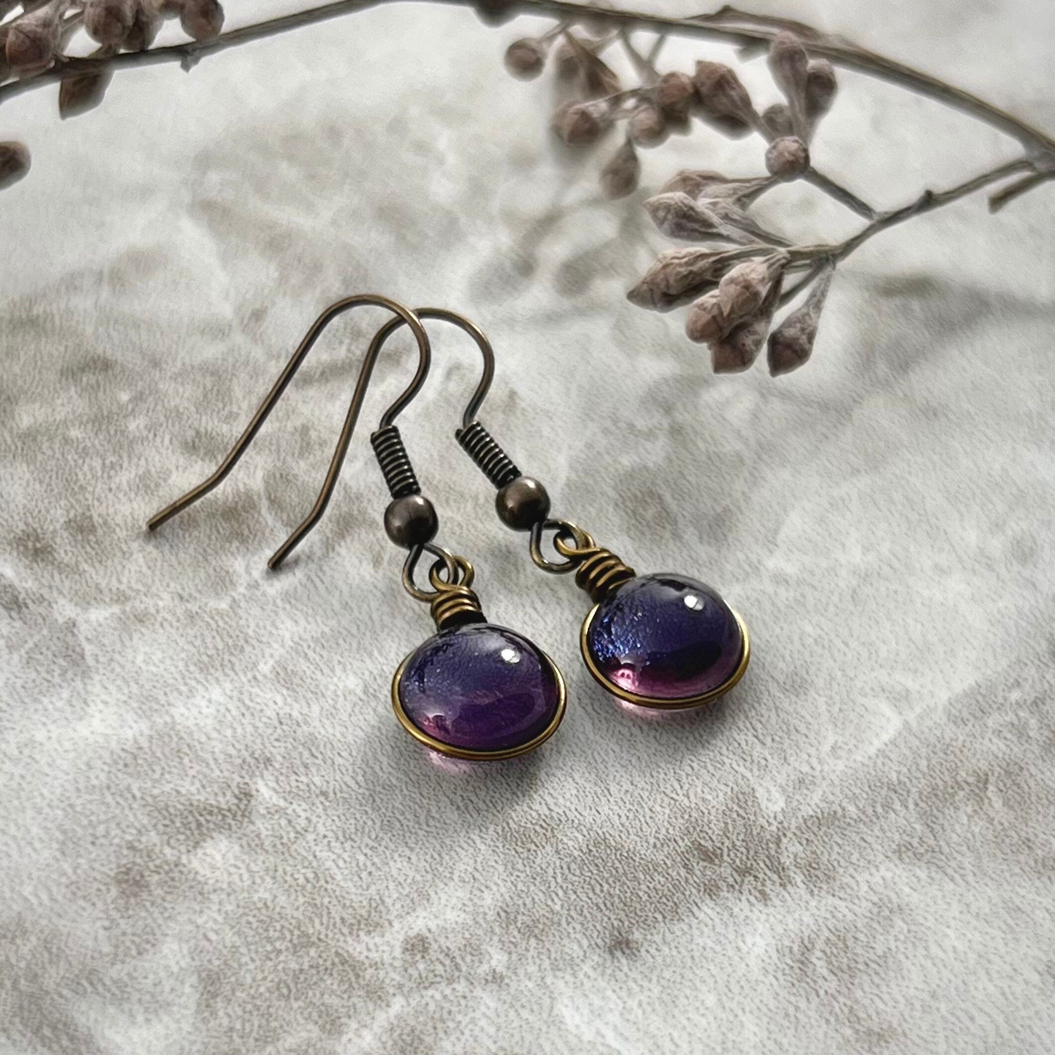 2月の誕生石アメジストパープルガラスイヤリング：ボヘミアンスタイル