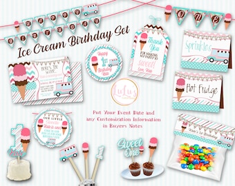 Ice Cream Birthday Party - Ice Cream Party Invitations - Ice Cream Banner - First Birthday - Ice Cream Party Favors