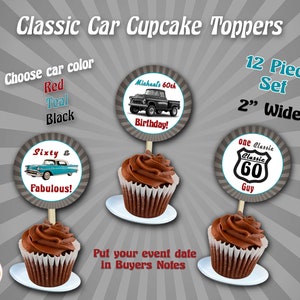 Classic Car Cupcake Toppers - Classic Car Birthday - 60th Birthday - Party Decor - 57 Chevy Car - 57 Truck Party Decor