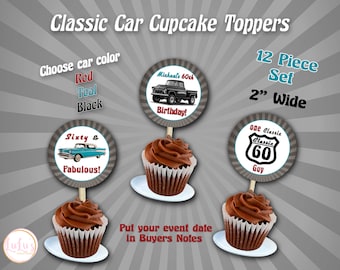 Classic Car Cupcake Toppers - Classic Car Birthday - 60th Birthday - Party Decor - 57 Chevy Car - 57 Truck Party Decor