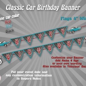 Classic Car Banner - Birthday Party Banner - Hot Rod Cars - 57 Chevy - Birthday Party Decor - Old Cars - 60th Birthday - Party Banner