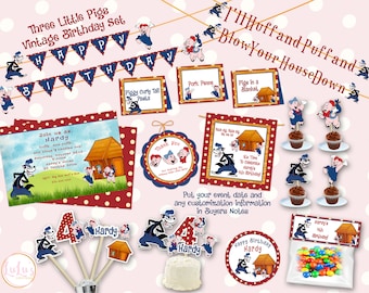 Three Little Pigs Vintage Birthday Party Set - Three Little Pigs First Birthday Party Decor - Vintage Wolf Birthday - 3 Little Pigs Party