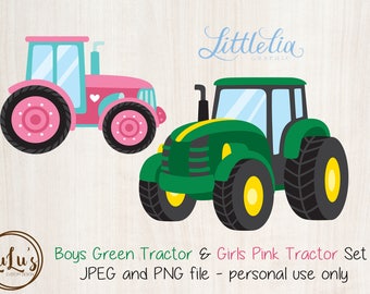 Pink Girl Tractor and Green Boy Tractor - Tractor Set - Farm Tractor - Clip Art - Tractor Clip Art