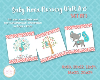 Baby Fiona Wall Prints - Set of 3 - Baby Nursery Prints - Nursery Wall Art for Girl - Coral and Teal Baby Wall Art - Baby Fiona Nursery