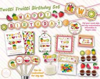 May include: A colorful birthday party set with a fruit theme. The set includes a banner, invitations, cupcake toppers, favor bags, and a fruit snack sign. The colors are pink, yellow, green, and red. The text on the banner says "Twotti Fruitti Birthday Set".