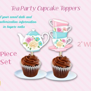 Pu&ograve; includere: Un set di 12 topper per cupcake con una teiera e una pila di tazze da t&egrave; con motivi floreali. I topper sono larghi 5 cm e sono perfetti per un evento a tema t&egrave;.