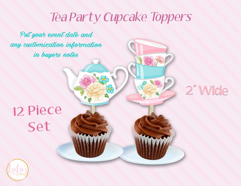 Pu&ograve; includere: Un set di 12 topper per cupcake con una teiera e una pila di tazze da t&egrave; con motivi floreali. I topper sono larghi 5 cm e sono perfetti per un evento a tema t&egrave;.