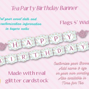 Pu&ograve; includere: Uno striscione di compleanno a tema tea party rosa e blu con le parole "Buon Compleanno" in lettere bianche. Lo striscione &egrave; realizzato con cartoncino glitter vero e ha bandierine larghe 12,7 cm. Lo striscione &egrave; personalizzabile con un nome e un'et&agrave; o altre parole. &Egrave; anche disponibile in un tema "Ora del t&egrave;".