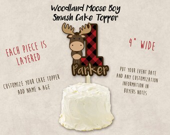 Woodland Moose Birthday Smash Cake Topper - Woodland Moose First Birthday Party Decor - Woodland Moose Cake Topper - Buffalo Print
