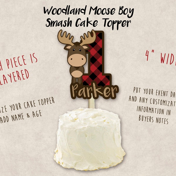 Woodland Moose Birthday Smash Cake Topper - Woodland Moose First Birthday Party Decor - Woodland Moose Cake Topper - Buffalo Print