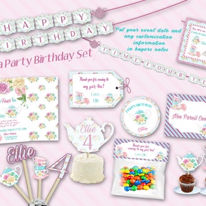 Pu&ograve; includere: Un set di compleanno per una festa del t&egrave; con uno striscione che dice "Buon compleanno", un design a forma di tazza da t&egrave; e teiera, e il nome "Ellie" su diversi articoli. Il set include uno striscione, inviti, decorazioni per cupcake, sacchetti per bomboniere ed etichette per biscotti.