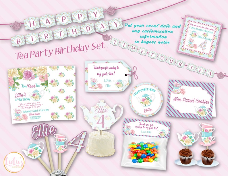 Pu&ograve; includere: Un set di compleanno per una festa del t&egrave; con uno striscione che dice "Buon compleanno", un design a forma di tazza da t&egrave; e teiera, e il nome "Ellie" su diversi articoli. Il set include uno striscione, inviti, decorazioni per cupcake, sacchetti per bomboniere ed etichette per biscotti.