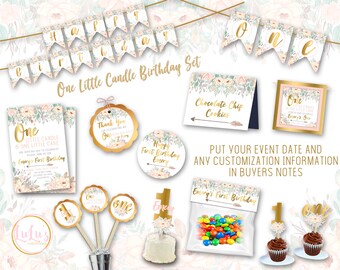 Floral Birthday Set - One Little Candle Party- Floral First Birthday - Floral First Birthday Invitations - Highchair ONE  Banner