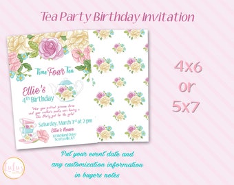 Tea Party Birthday Invitation - Fourth Birthday Tea Party  Set -  Tea Party Birthday Party Decor - Tea Party Invites - Tea Party Invitations