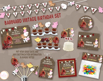 Barnyard Vintage Birthday Party - Barnyard First Birthday Invitations - Barnyard Party Banner - Farm Animal Party Favors - Farm Animal Decor
