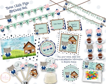 Three Little Pigs Birthday Party Set - Three Little Pigs First Birthday Party Decor - Huff and Puff Birthday Banner - 3 Little Pigs Invites