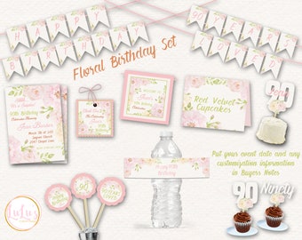 Pink Floral Birthday Party Set - 90th Birthday Party Decor- 90th Pink Floral Birthday Invitations - 90th Surprise Birthday Party