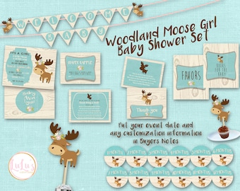Baby Girl Moose Baby Shower Set - Baby Shower - Shower Invitations - Welcome Baby Banner - Baby Girl Invites - Baby Shower Decor