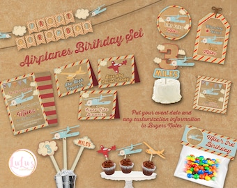 May include: A set of printable party decorations for a 3rd birthday with an airplane theme. The set includes a banner, cupcake toppers, favor bags, and tags. The colors are red, blue, yellow, and brown.