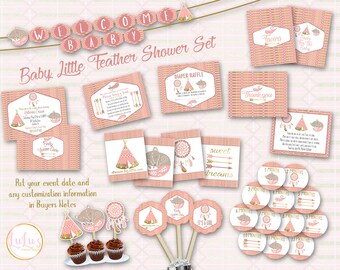 Baby Little Feather Shower Set - Baby Shower Invitations - Welcome Baby Banner - Baby Shower Decor - Baby Milestone Stickers