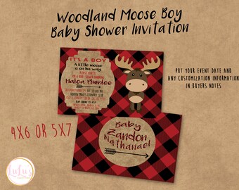 Woodland Baby Moose Invites - Baby Shower Invitations  - Lumberjack Baby Invites - Black and Red Baby Invitations - Moose Thank You Cards