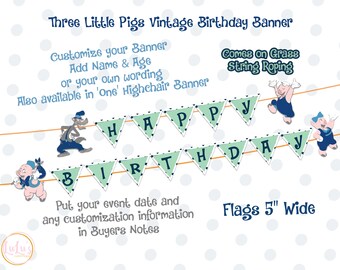 Three Little Pigs Vintage Birthday Banner - Huff and Puff Vintage Birthday Banner - Vintage Three Little Pigs Birthday Party Decor