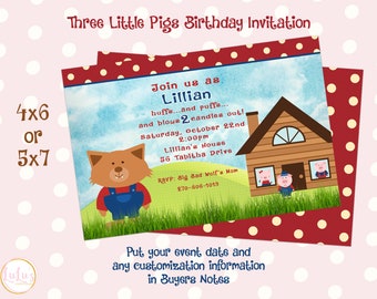 Three Little Pigs Birthday Invitation - Birthday Party - Birthday Party Invitation - Birthday Invites - 3 Little Pigs Party Invitations