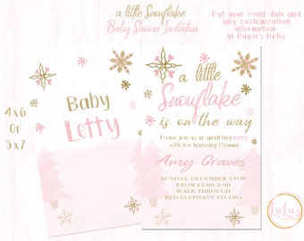 A Little Snowflake Baby Shower Invitations - Pink and Gold Baby Baby Shower Invites - Baby Girl Shower -Snowflake Baby Shower Invitations