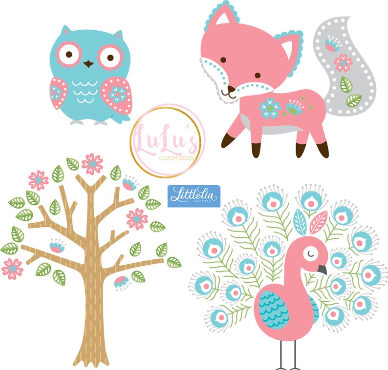 Pastel Fox, Peacock and Owl Clip Art - Baby Nursery Clip Art - Personal Use Only image 1