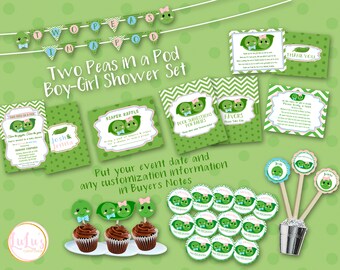 May include: Two Peas in a Pod Boy-Girl Shower Set printable party decorations. Includes invitations, thank you cards, diaper raffle, book suggestions, favors, and cupcake toppers. Green and pink peas with bows.