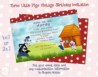 Three Little Pigs Vintage Birthday Party Invitations - 3 Little Pigs Birthday Invites - Huff and Puff Birthday Party Invitations