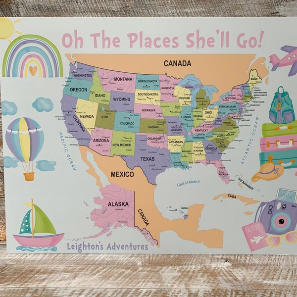 Oh The Places She'll Go Map - Push Pin Map - Childrens Personalized Map - Girls Custom Map - Kids Room Decor - Oh The Places Travel Board