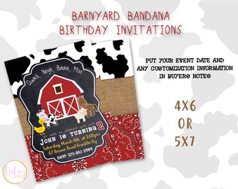 Barnyard Bandana Invitations - Kids Birthday Party Invitations - Farm Animal Birthday Party Invites - First Birthday - Barnyard Party