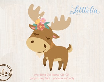 Woodland Girl Moose Clip Art - Clipart - Baby Girl Shower Invitations - Baby Shower Invites - Shower Invitations - Digital File
