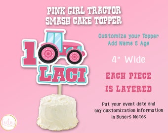 Girls Pink Tractor Birthday Party Smash Cake Topper - Pink Tractor First Birthday Party Decor - Pink Tractor Personalized Smash Cake Topper
