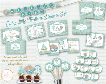 Baby Little Feather Baby Shower Pack - Baby Boy Shower Decor - Baby Boy Shower Invites - Welcome Baby Banner - Baby Shower Favors