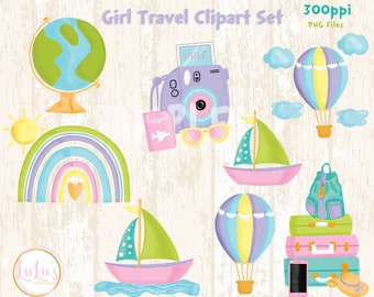 Girls Travel Set Clipart - Girls Adventure Set Clipart - Pastel Hot Air Balloon Clipart - Pink Cell Phone Clipart -Personal Use Only