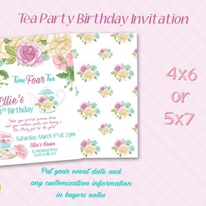 Pu&ograve; includere: Un invito a una festa di compleanno a tema t&egrave; rosa e bianco con un motivo floreale. L'invito dice "Time Four Tea Ellie's 4th Birthday" e include i dettagli della festa, tra cui la data, l'ora e il luogo. L'invito &egrave; disponibile in due dimensioni: 4x6 o 5x7 pollici.
