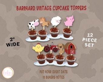 Barnyard Vintage Cupcake Toppers -  Farm Animal Birthday Party - First Birthday - Farm Animal Party Favors - Boys Birthday Party Decor