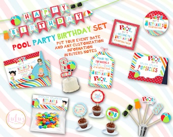 Pool Party Birthday Party Set - Pool Party Birthday - Kids Summer Birthday Party - Kids Pool Party Birthday Decor - Kids Pool Party Invites