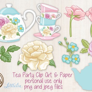 May include: A set of digital clip art images featuring a teapot, teacups, and flowers in a vintage style. The images are in pastel colours, including pink, blue, and yellow. The flowers include roses and forget-me-nots. The text "Tea Party Clip Art & Paper, personal use only, png and jpeg files" is included in the image.