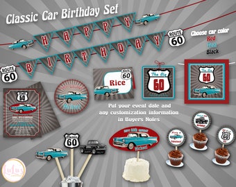 Classic Car Birthday Party Set - 60th Birthday - Classic Car Invitations - Classic Car Banner - 57 Chevy Invitations
