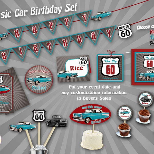 Classic Car Birthday Party Set - 60th Birthday - Classic Car Invitations - Classic Car Banner - 57 Chevy Invitations