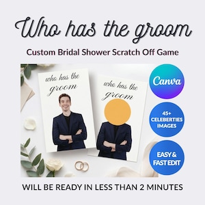 May include: Who has the groom custom bridal shower scratch off game cards. The cards feature a man in a navy blue suit with arms crossed. One card shows the man's face, while the other has a gold scratch off circle covering the face area.