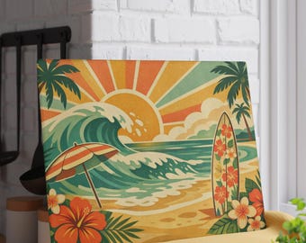 Tropical Wave Glass Cutting Board – Beach Kitchen Décor, Surf Art Summer Gift