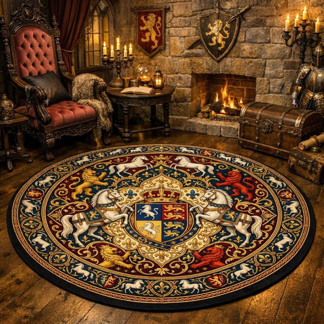 Medieval Heraldry Round Rug | Royal Coat of Arms Vintage Lions - Etsy