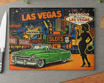 Tagliere in vetro stile retrò Las Vegas – Decorazione vintage per la cucina in stile Las Vegas, tagliere con grafica al neon, 28x38 cm e 20x28 cm, in vetro temperato, ideale come regalo.